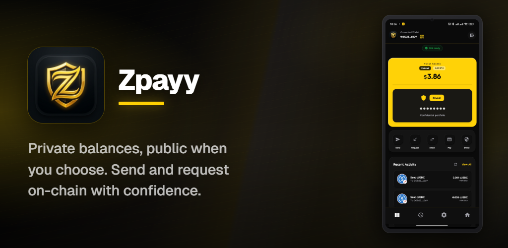 zPayy app on phone — confidential stablecoin payments